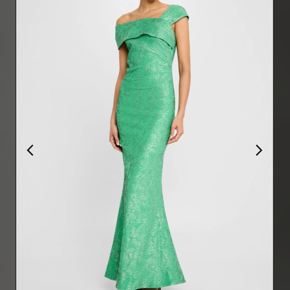 Teri Jon by Rickie Freeman Green Metallic Jacquard Evening Gown – Size 2